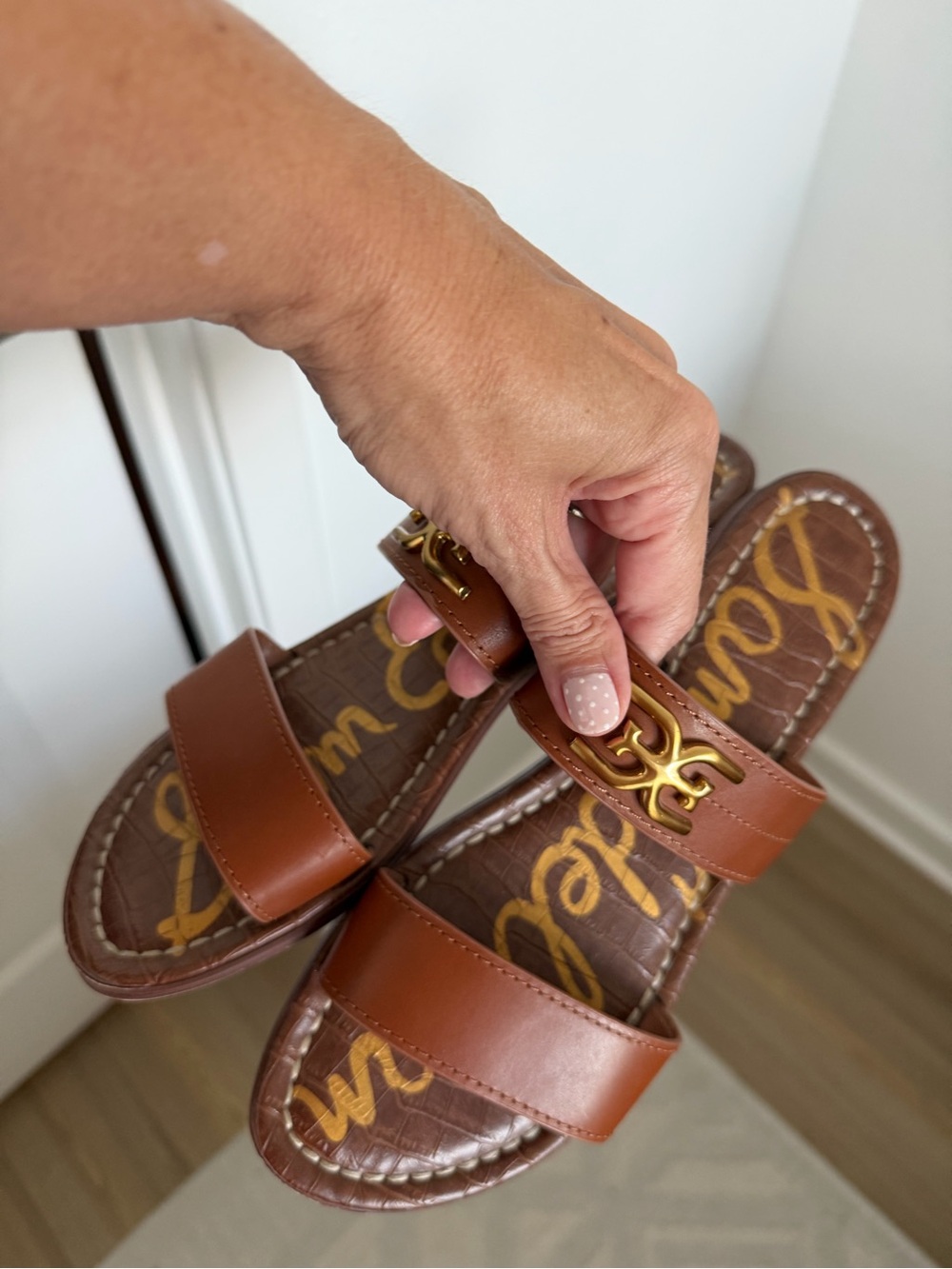 Sam Edelman Tan Brown Leather Double-Strap Slide Sandals with Gold Accent